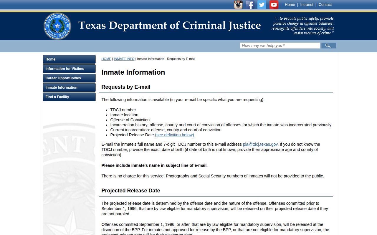 TDCJ inmate information fields including projected release date