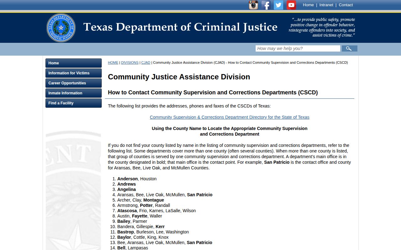 TDCJ CSCD directory showing Robertson County routing
