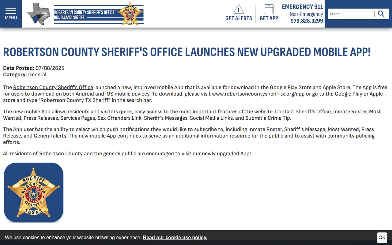 Robertson County Sheriff app roster and push release functions