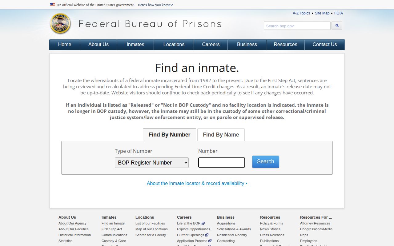 Federal Bureau of Prisons inmate locator fields and result legend