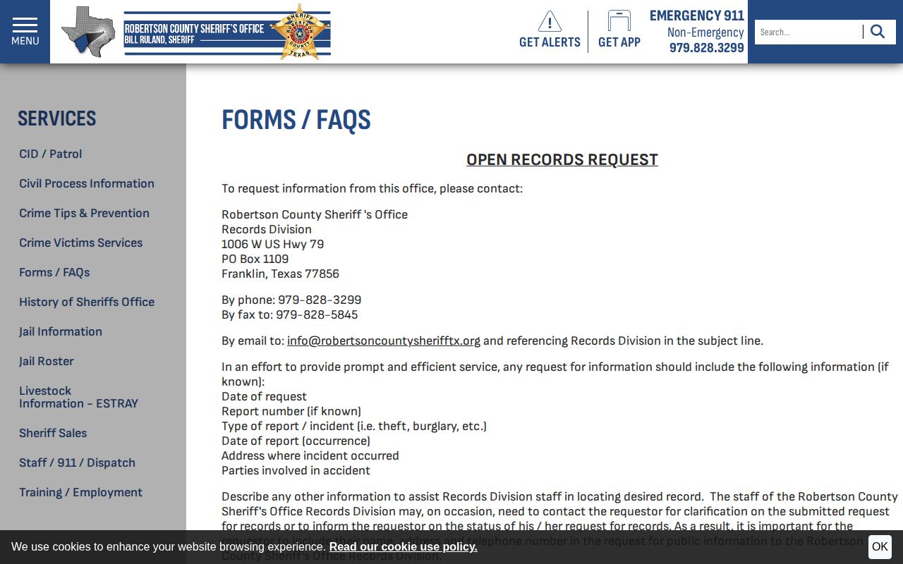 Robertson County Sheriff Records Division request channels