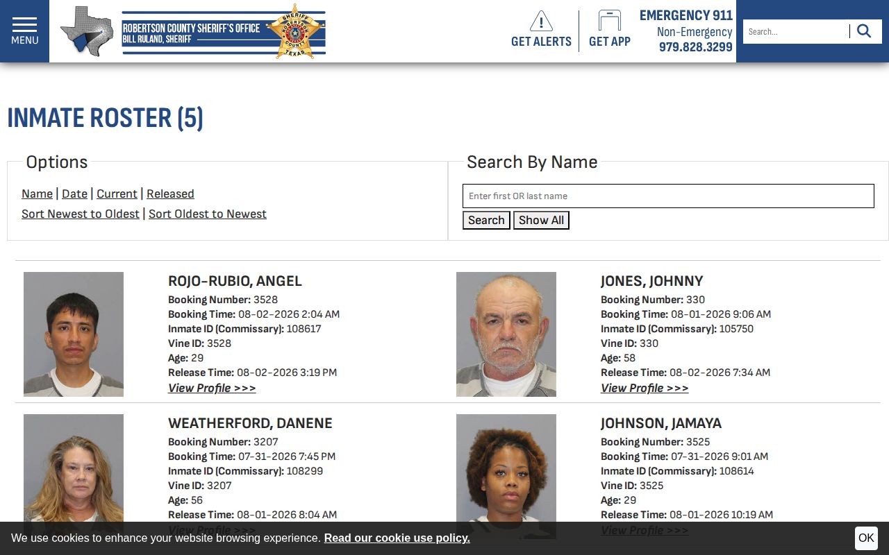 Robertson County released inmate filter with booking and release record fields