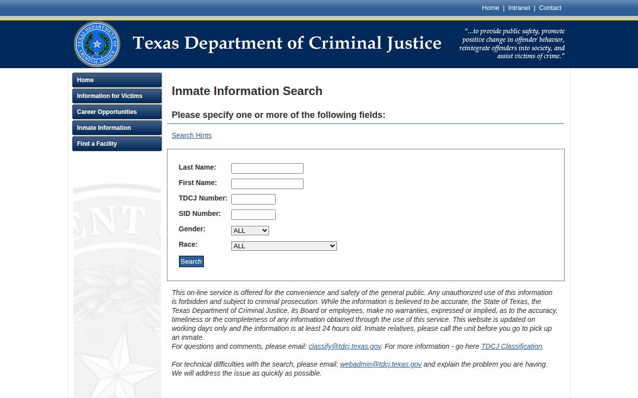 TDCJ search fields for a Robertson County release lookup